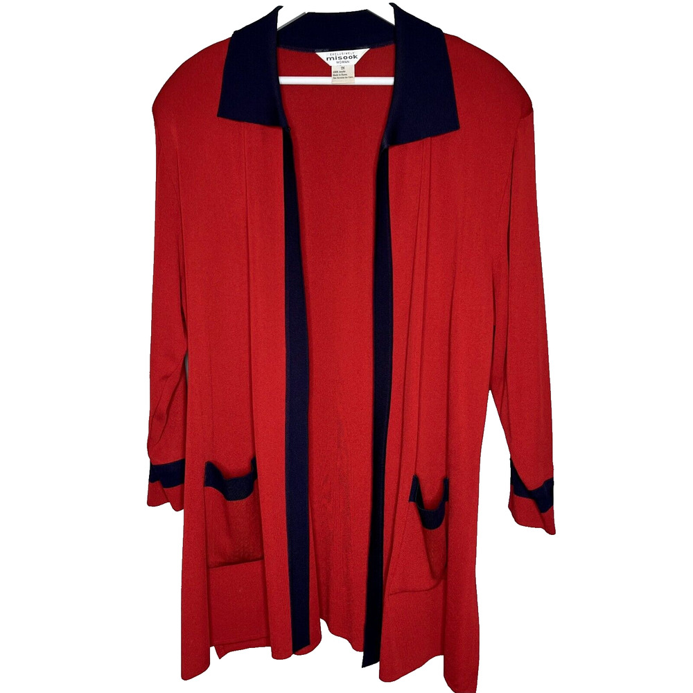 Misook VTG Open Cardigan 2X Red Navy Pocket Shoulder Pad Career Capsule Grandma
